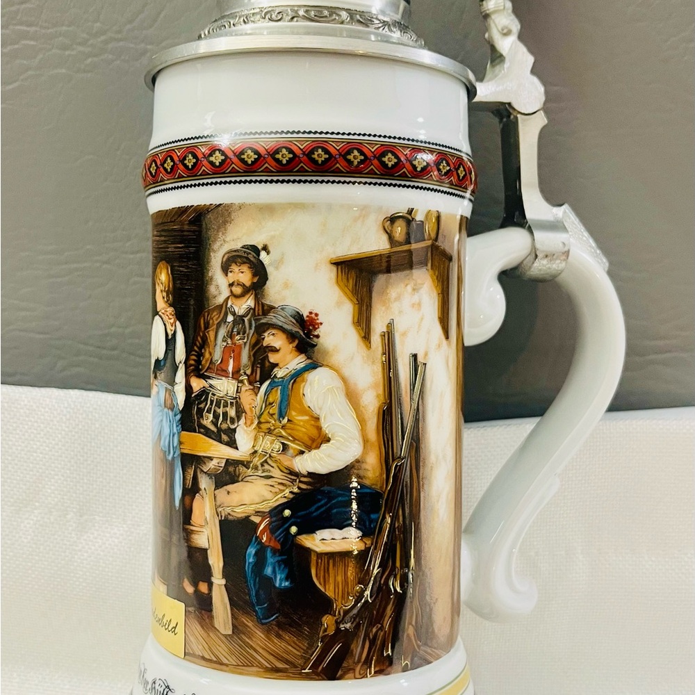 Antique Vintage Ceramic Beer Stein with Pewter Lid